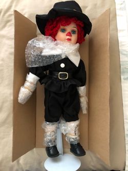 RAGGEDY ANDY "CLOWN" DOLL Seymour Mann Hand Painted Vintage In Pilgrim Outfit