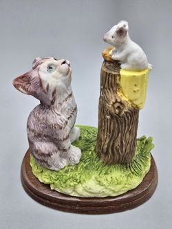 Vintage Cat and Mouse Figurine on Wooden Base