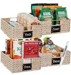 Set of 4 Water Hyacinth Pantry Baskets w/ Chalkboard, Chalk Marker