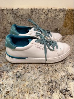 Coach Lowline Clip Low Top Leather Women’s Sneakers White Blue Green CG657 Womens 7B