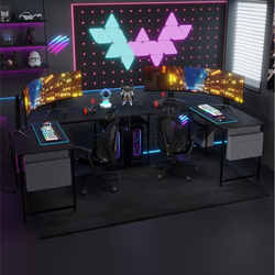 Tbfit L Shaped Desk Corner Desk,95 Inch Reversible Home Office Desk with Storage Shelves, Large Computer Gaming Desk with Power Outlet, 2 Person Long 