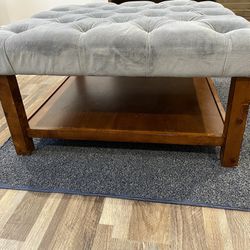 Gray Tufted Cloth And Wood Ottoman 