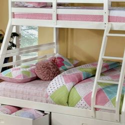 BUNK BED Twin Over Full White Free Drawers Free Mattress