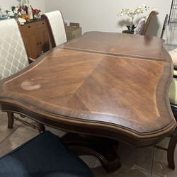 Solid Wood Dining Table with Leaf + 6 Upholstered Chairs