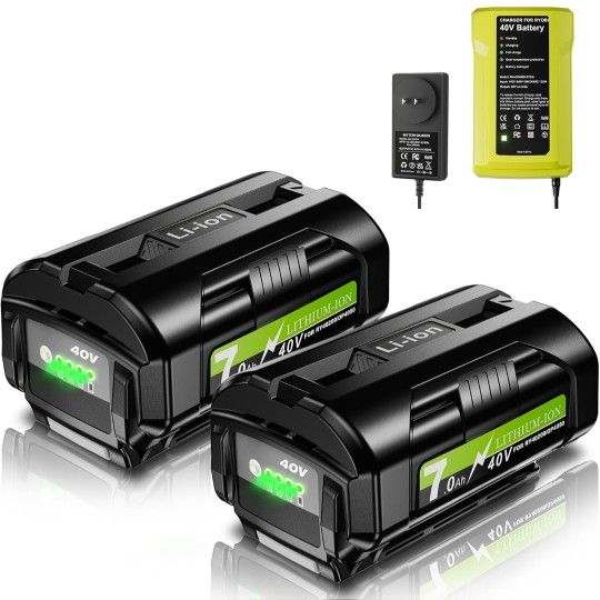 2Pack 7.0Ah Replacement for Ryobi 40V Battery and Charger Compatible with Ryobi 40 Volt Battery Lithium OP40261 OP4050 OP4040 OP40401 OP40201 OP40601