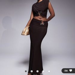 ASOS Design Brown Maxi Skirt And Top With Gold Detail 