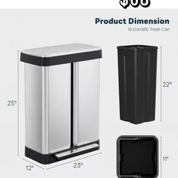 😀 16 Gallon Dual Compartment Trash Can, Hands-Free Recycling Rectangular Garbage Bin, Stainless Steel Step-On Dustbin with Soft-Close Lid, Removable 