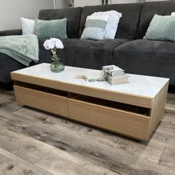 MODERN LIGHT WOOD TV STAND/ COFFEE TABLE, STONE TABLE TOP W DRAWERS!!