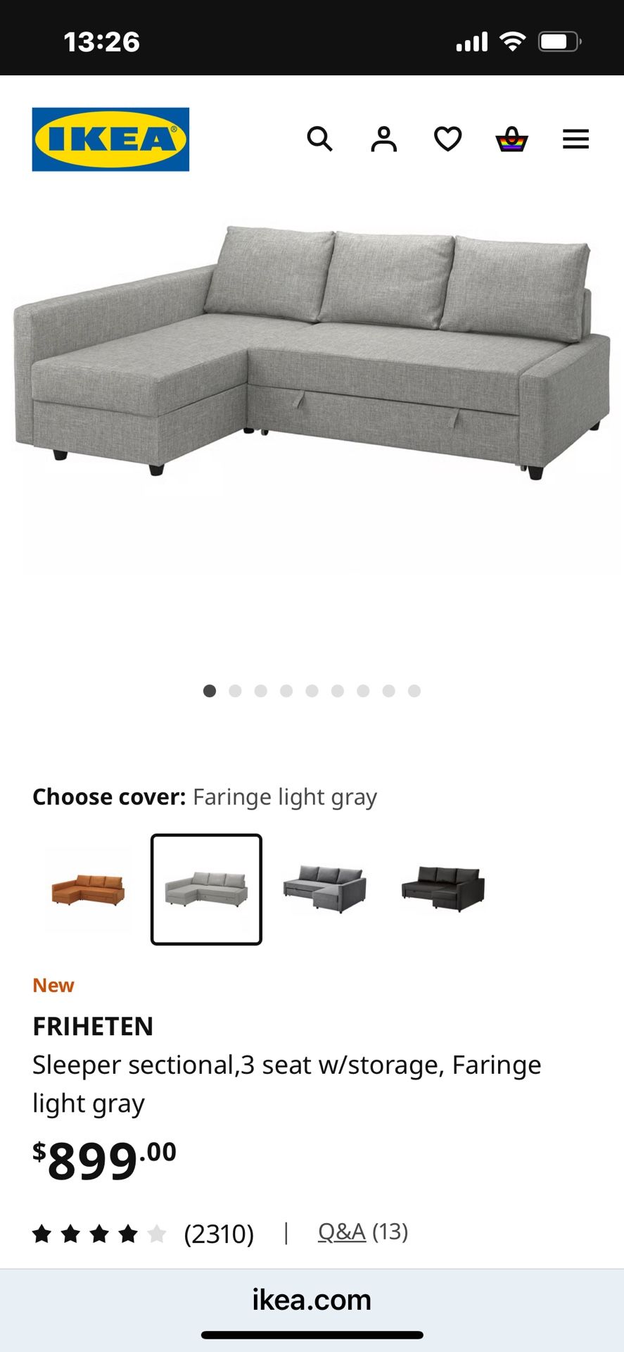 IKEA FRIHETEN Sleeper sectional Couch,3 seat w/storage, Faringe light gray