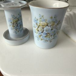 Lefton Very Old Porcelain Ceramic Tooth Brush Holder And Cup 