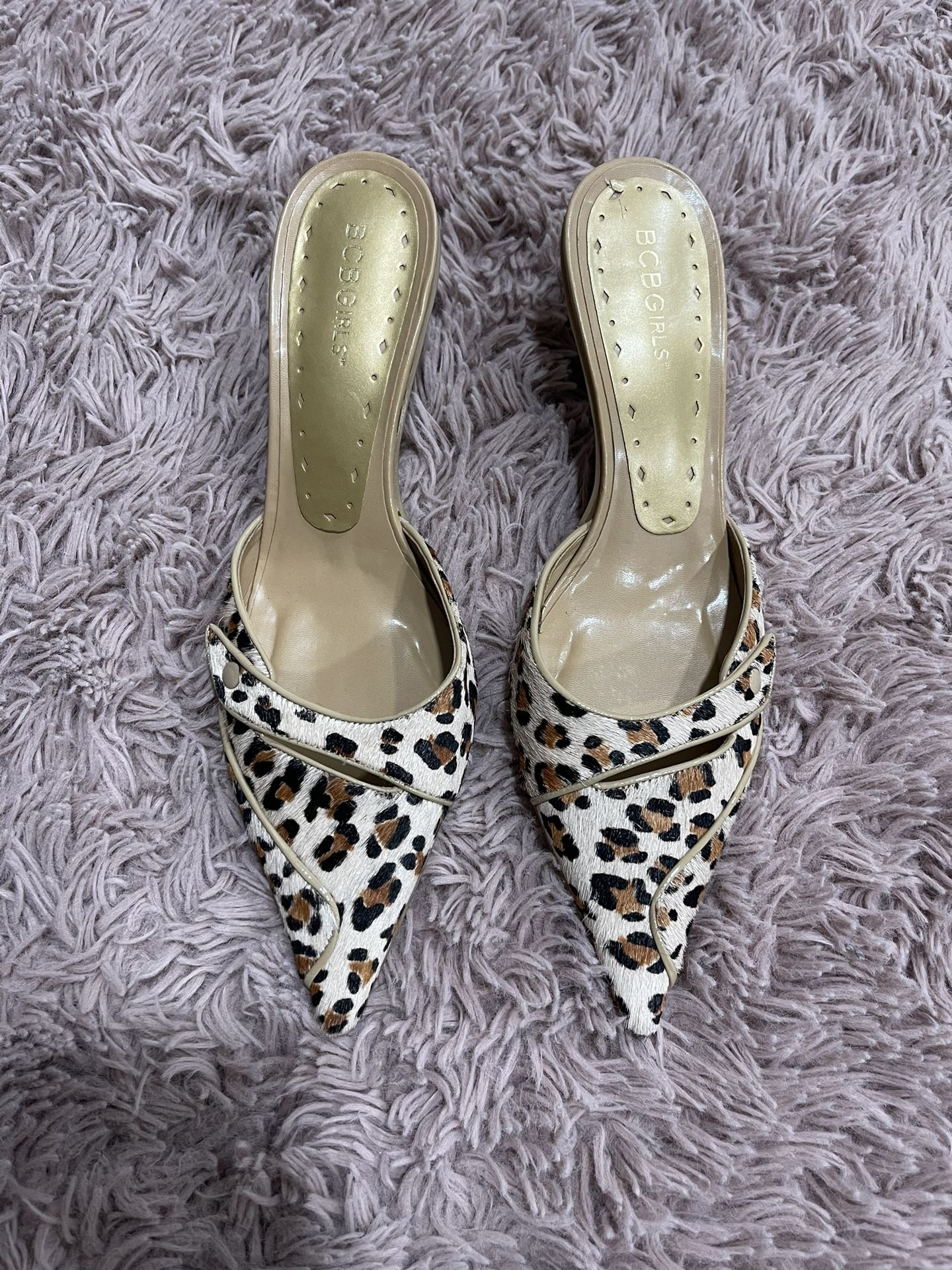 BCBG Leopard Print Fur Mules Kitten Heels