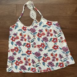 Hollister XS Cream, Orange Floral Halter TOP BLOUSE CROP TOP. Lace strap