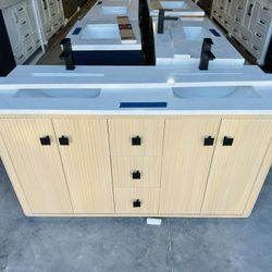 60” Bathroom Vanity in Wood Color , double sink soft close solid wood with vanity top in white  $1322 