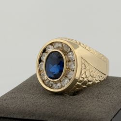 14K Yellow Gold Men's Ring With Blue and White CZ Stones 9.4gr  Size 10