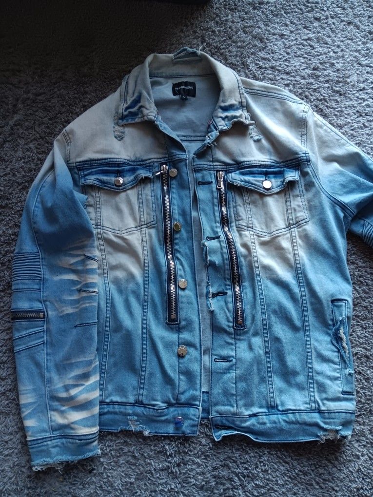 Men's Original Rockstar Distressed Denim Biker Jacket Light Blue