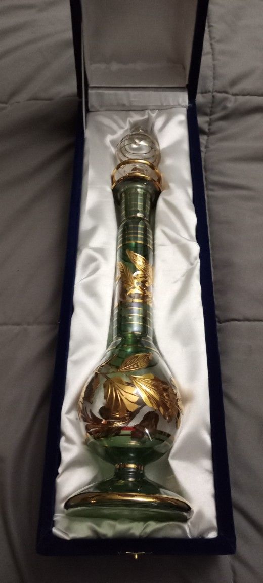Stunning Green Bohemian blown glass decanter with gold leaf decoration and original box.
