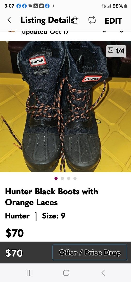 Hunter Boots Women 9 Orange And Black Laces