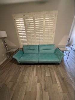 Trendy Teal Sofa + 2 Mirror Side Tables & Lamp