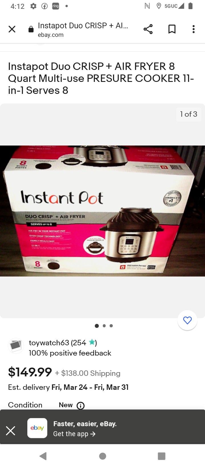 Instant Pot Duo Crisp+Air Fryer 8Quart New $120