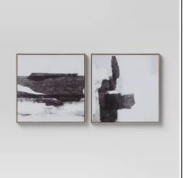 (Set of 2) 24"x 24” Abstract Framed Canvas Black - Threshold Modern