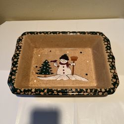 Vtg Christmas Country Snowman Tree Serve Bake Cake Casserole Dish ABC Dist 14x10”