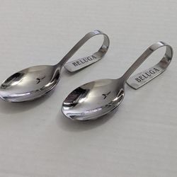Beluga caviar spoon, designed with a curved handle for hanging on the edge of a container, commonly used for serving caviar pairing with vodka. 