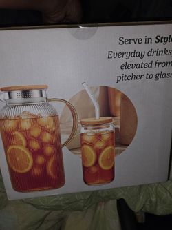 Glass Pitcher and Cup Set with Bamboo Lids
