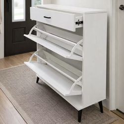 New In Box 32x10x44 Inch Tall Shoe Storage Shelf  White Cabinet With Double Fold Down And Drawer Bottom Slippers Shef 