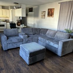 4-Piece Sectional Set W/ Ottoman Reversible Loveseat + Reversible Loveseat W/USB Console & Cup Holders + Corner Wedge + Cocktail Ottoman  Color: Dark 