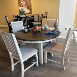 Markdown! Farmhouse Dining Table with Shelf & Four Upholstered Chairs
