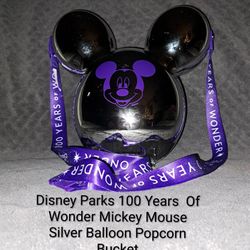 New Disney Parks 100 Years Of Wonder Mickey Mouse Silver Balloon Popcorn Bucket With Strap