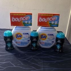 Tide Pods, Downey Un Stopables & bounce Dry Sheets