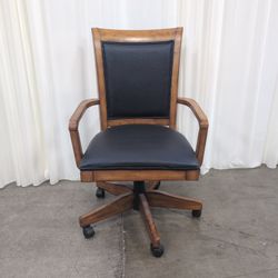 Brown Wood and Black Faux Leather Swivel Office Chair