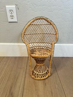 Large 16” Vintage Wicker Rattan Fan Back Peacock Doll Chair- Boho Decor Potted Plant Stand