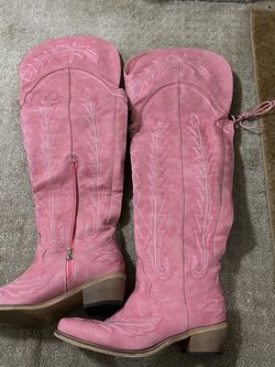 pink over the knee western cowgirl boots with white embroidery