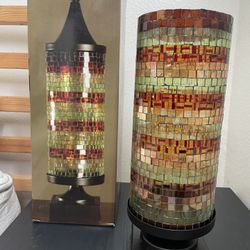 Striped mosaic glass rustic finish iron base candle holder.