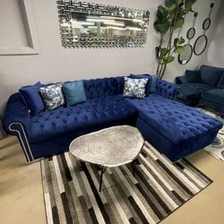 Navy Blue Velvet L Shape Sectional Button Tufted RAF Chaise 