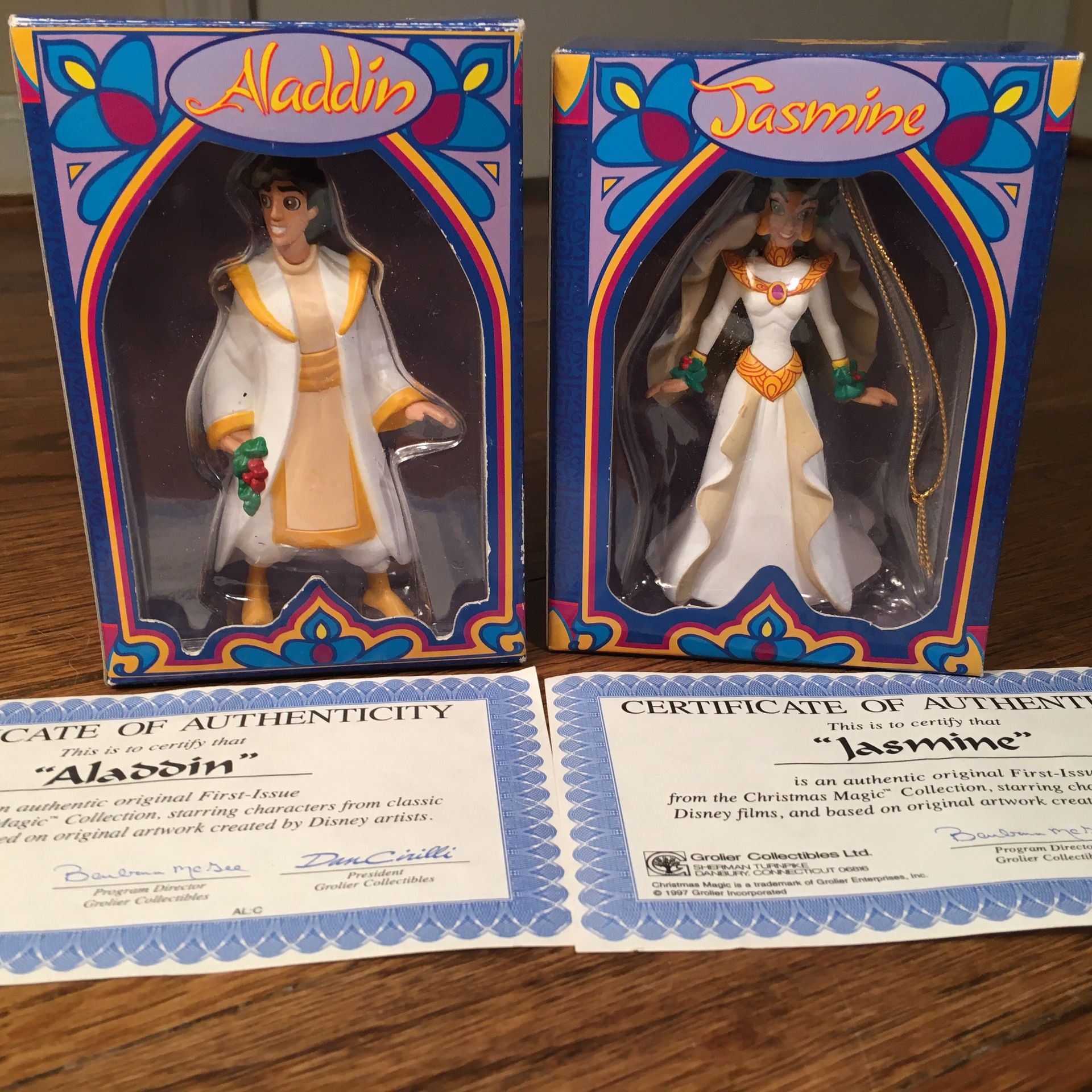 Vintage 1997 Special 1st issue Aladdin And Jasmine Disney Orniments w/ Authenticity Certificates made by Grollier Collectibles