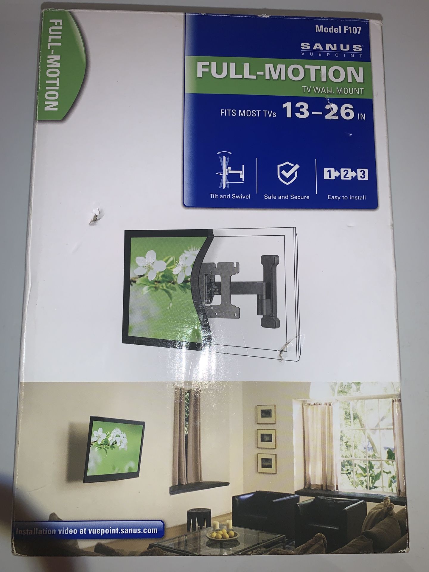 Full-Motion.TV wall mount. Fits most TVs. 13 x 26” open box. Model F107