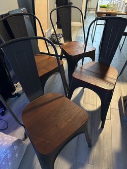 Set of 4 Metal Dining Chairs with Wood Seats