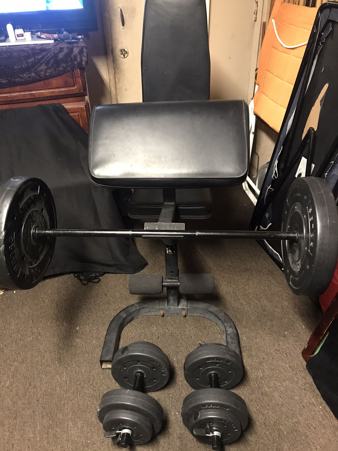 ADJUSTABLE WEIGHT CURL BENCH and DUMBBELLS and BAR is 4ft LONG WEIGHTS