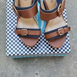Tan With Blue Jean Fabric High Heel Wedge
