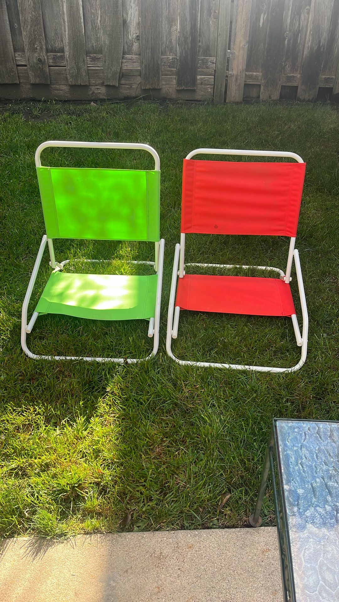 Two Red And Green Beach Chairs