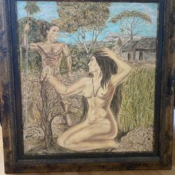 Painting Original Primitive Nature signed by artist - 32” x 37” with wood frame