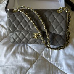 Chanel Bag Medium Double Flap Bag Grey Leather with Gold Hardware NEW