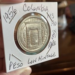 1956 - SILVER COLUMBIA 1 PESO UNC - VERY LOW MINTAGE ONLY 12K! 200th Anniversary 90% Silver! Rare Coin COLUMBIAN!