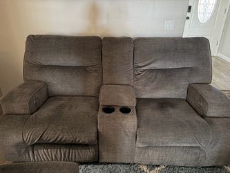 Reclining sofa, love seat, and chair