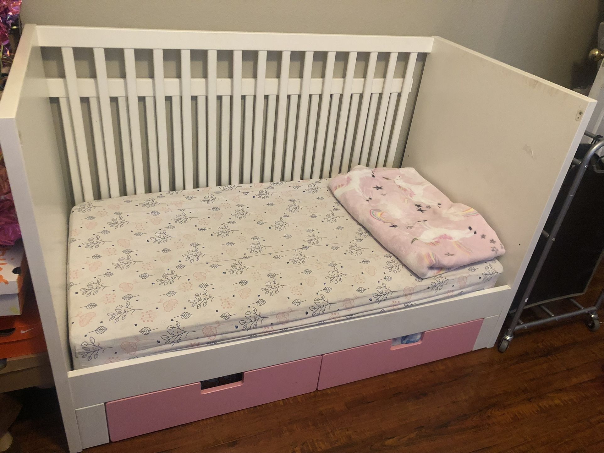 IKEA White + Pink Stuva Crib with 2 Drawers