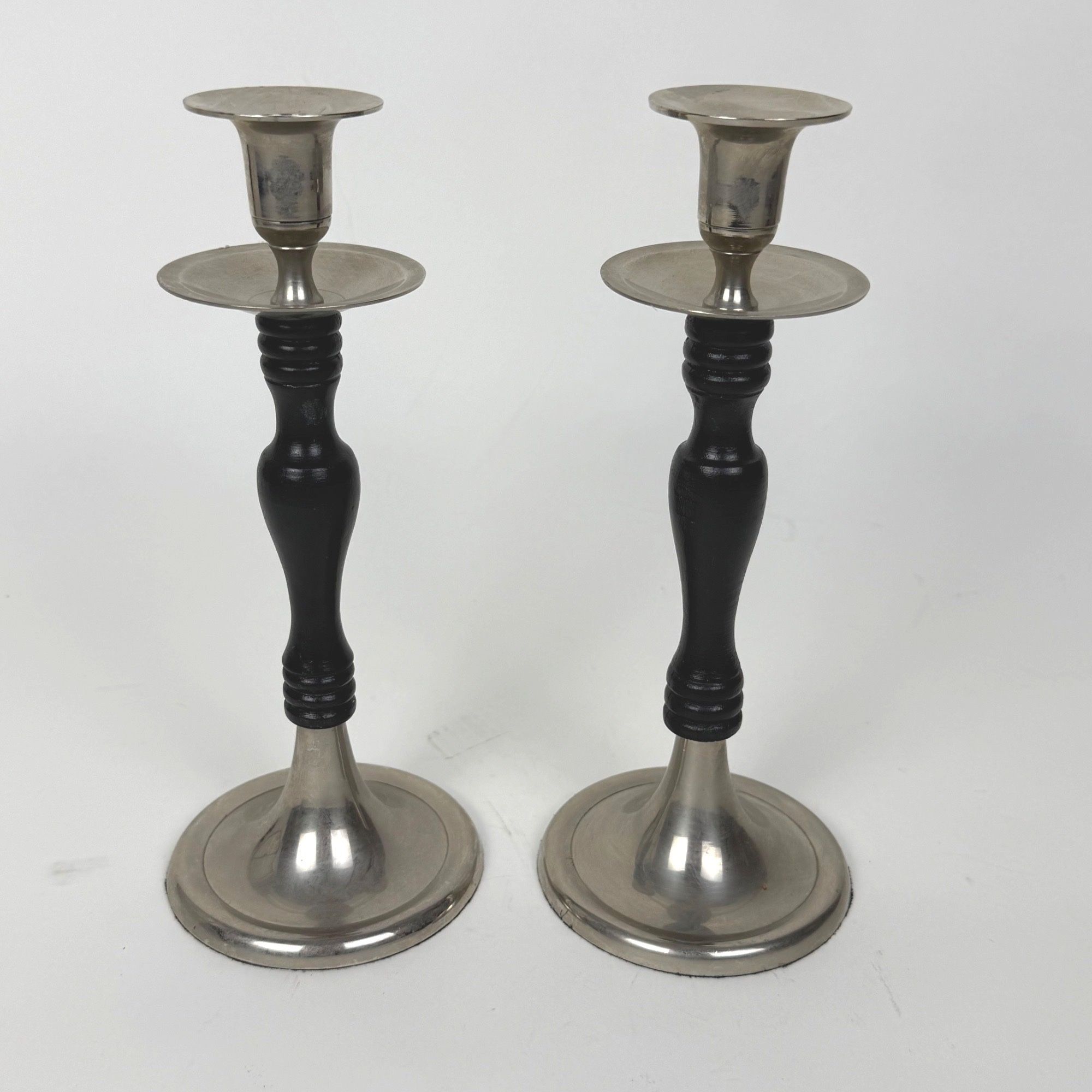 Set of 2 Silver-Tone & Dark Wood Candle Holders 10"