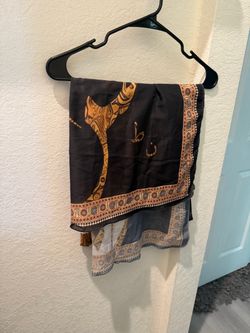 Black Printed Scarf with Ornate Border